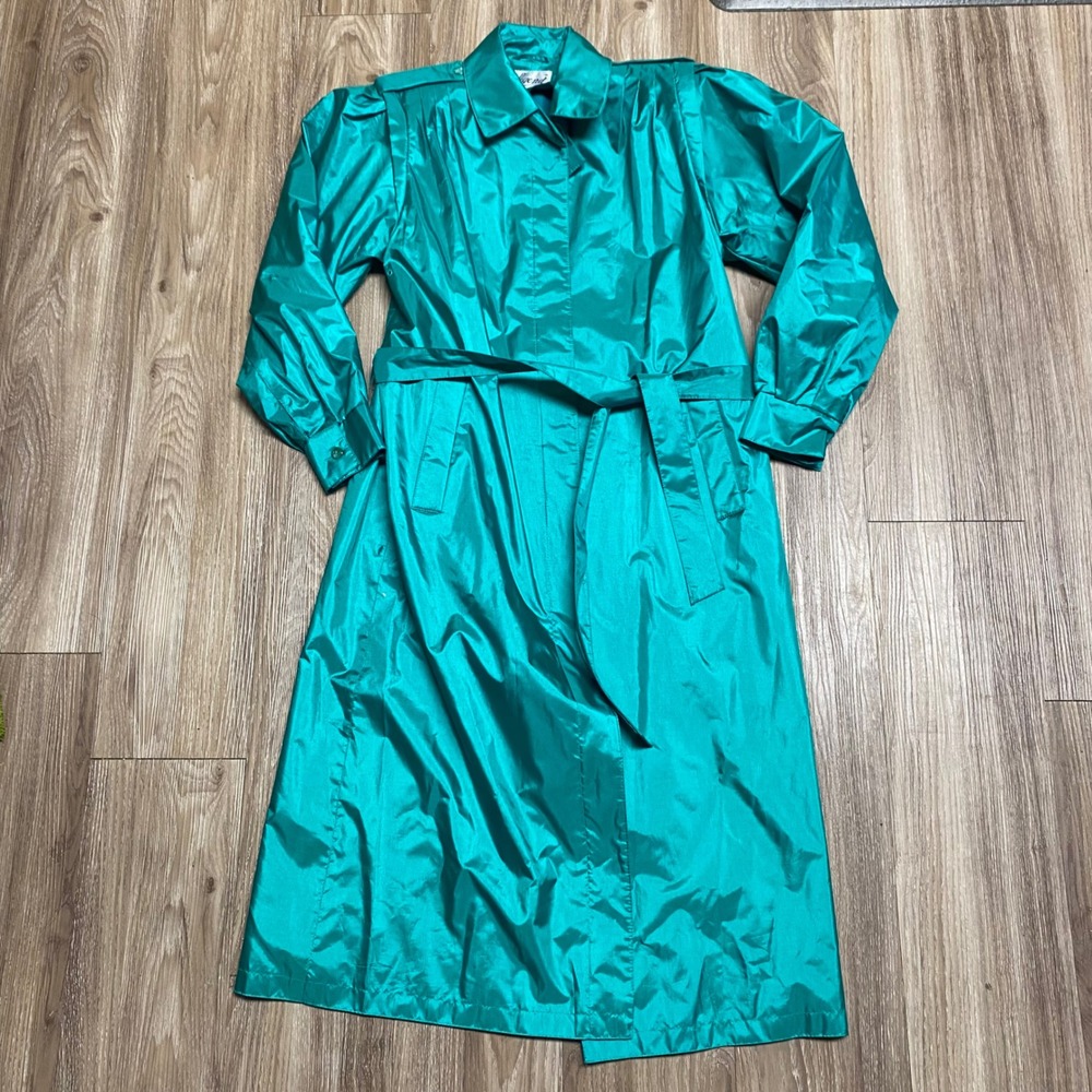 Vintage 80s The Legend Teal Green  Trench Coat 7/8 Glorious Shoulder Pads